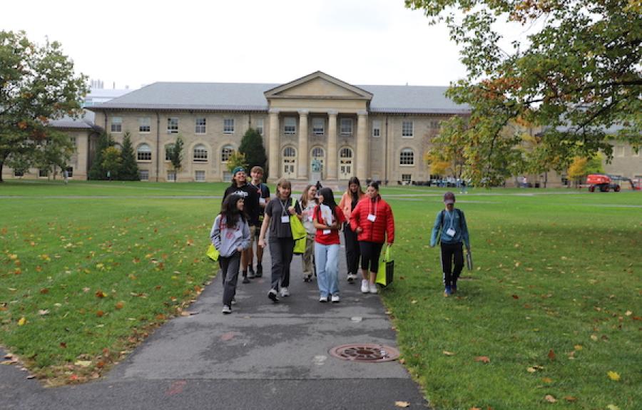 Students walking from Klarman Hall to Morrill Hall during World Languages Day 2023